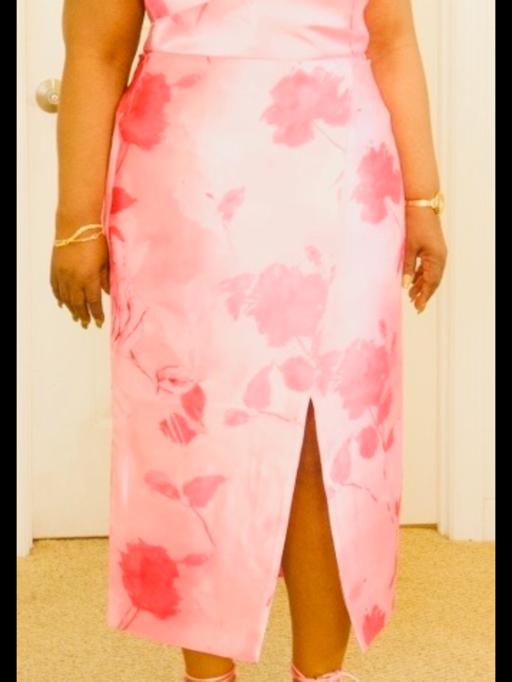 Floral Pink Midi Skirt with Front Slit